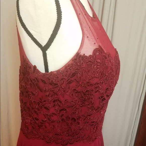 Burgundy red embroidered chiffon gown dress - Picture 5 of 8